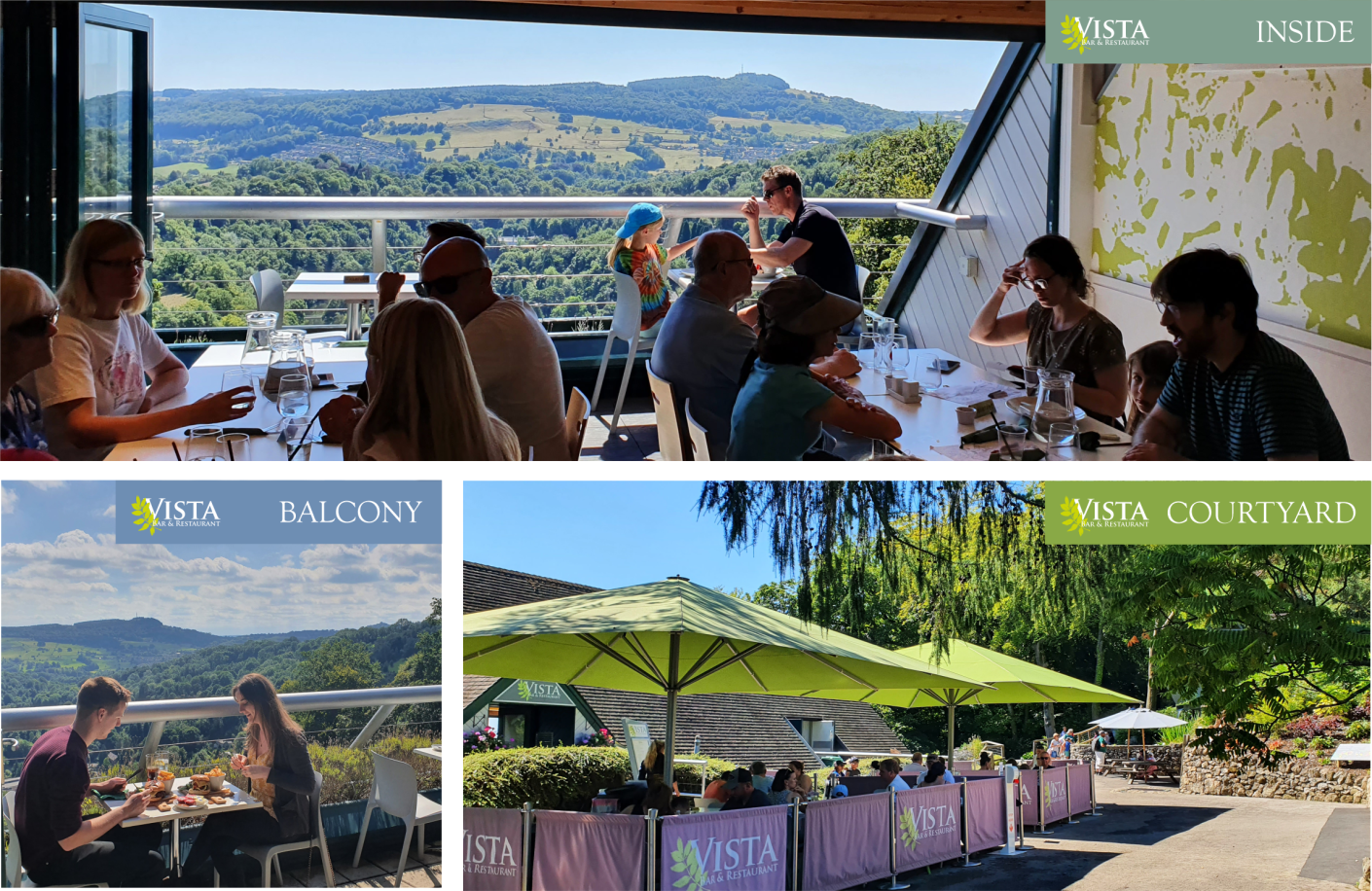 Interior, balcony and courtyard areas of Vista restaurant